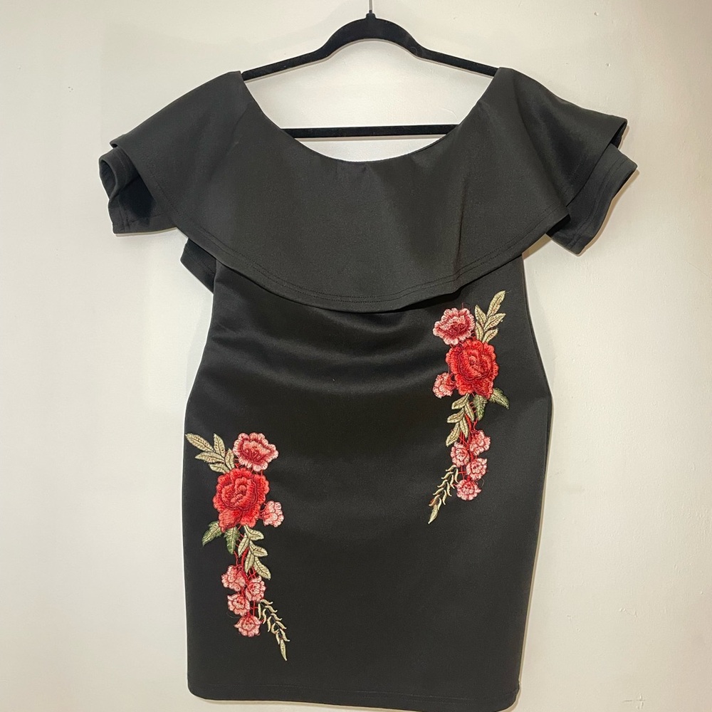 SHEIN Black Mini Dress with Red Floral Embroidery